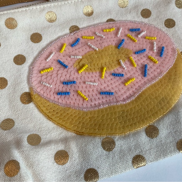 Bow and Drape gold polka dot clutch with donut sequin patch, Like new - Picture 2 of 8